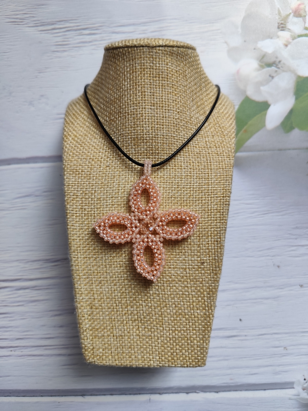 Handmade Peach Beaded Flower Pendant Necklace